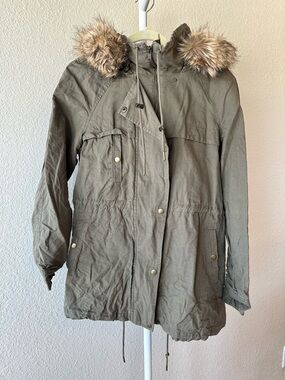 Loft green cotton linen blend utility jacket with detachable hood size medium